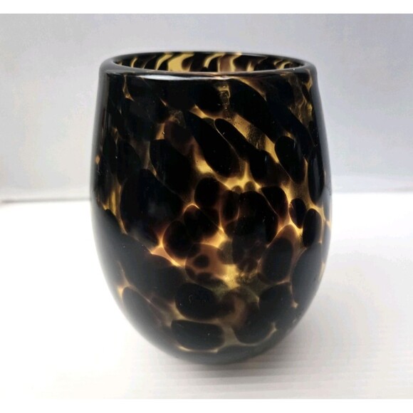Hand Blown Stemless Tortoise Shell Wine Glass Amber Leopard Pattern Set of 2 - Picture 7 of 12